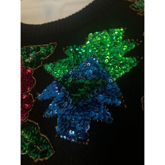 Vintage B.I.B S.M.L Sport Black Sweater Embroidered-Beaded Floral Design - Picture 12 of 14